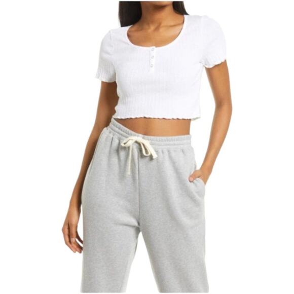 Bp. Pointelle Rib Crop Henley In Gray Size Small - Picture 1 of 8